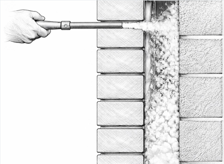 Einblasdämmung wird mit Schlauch in eine Hohlwand eingebracht zur energetischen Dämmung von Gebäuden